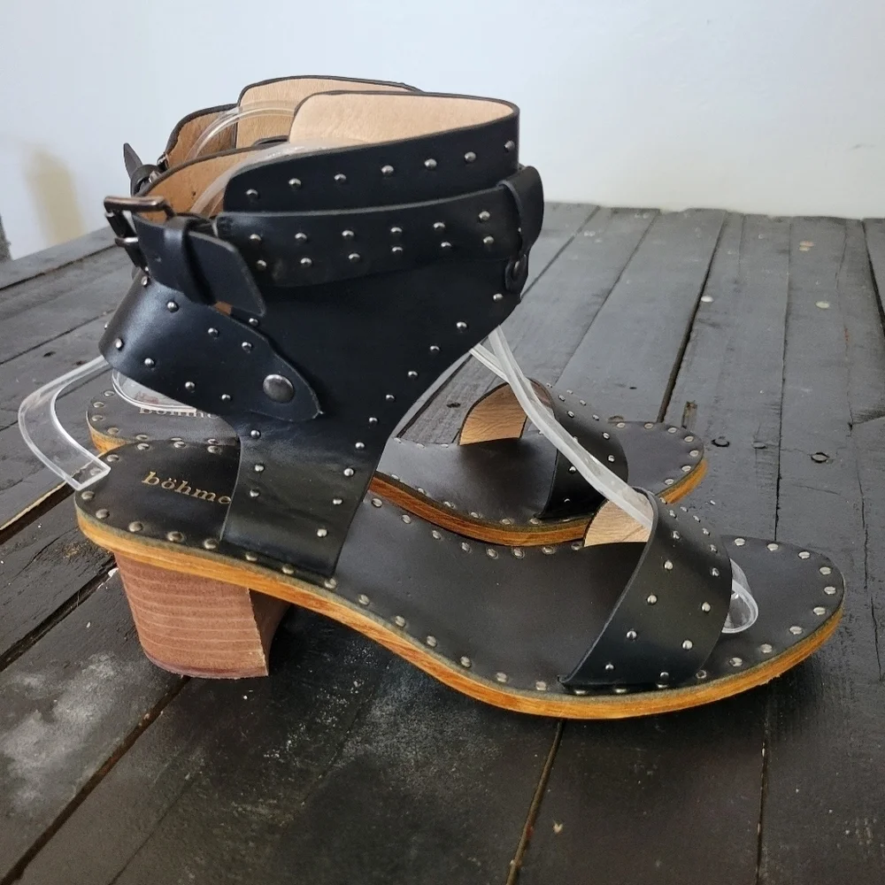 Bohme Women's 9 Black Boho Ankle Heeled Sandals Gladiator Studded Open Toe Shoes